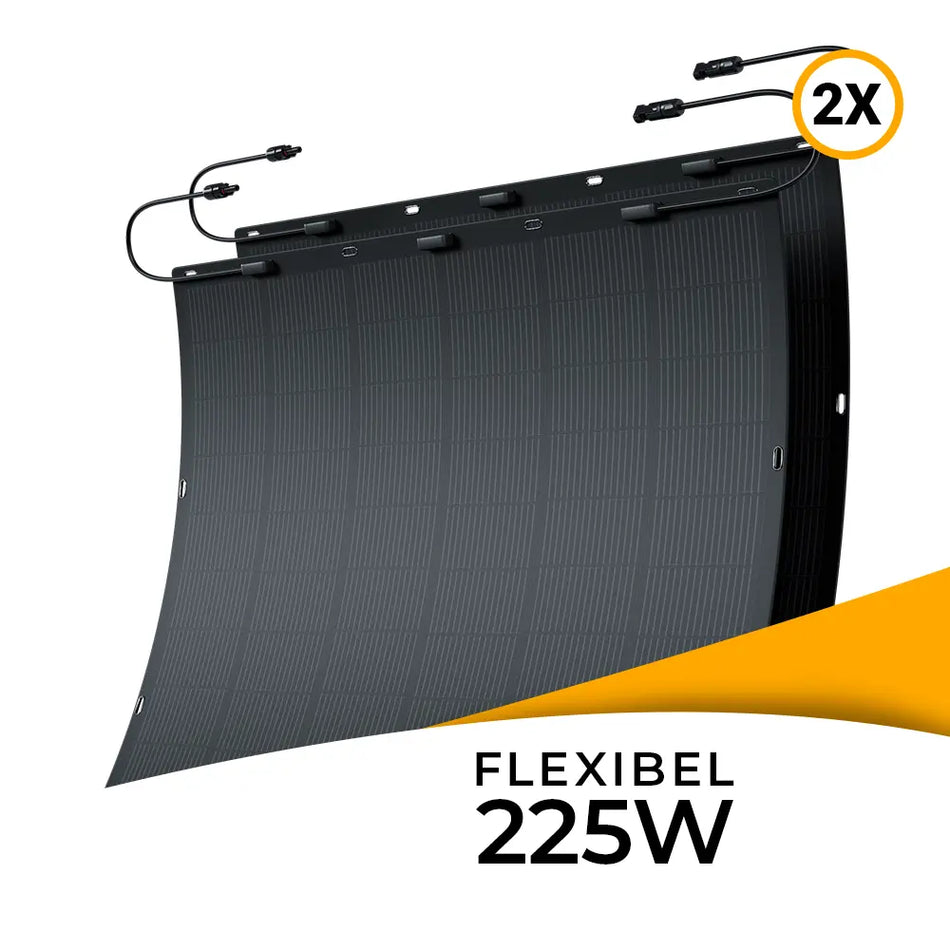 solago flexibel zonnepaneel 2-pack 2x225W met twee zwarte flexibele zonnepanelen en aansluitkabels