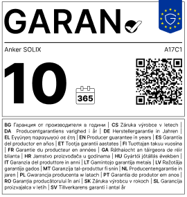 GARAN label for Anker SOLIX A17C1 with 10-year manufacturer guarantee
