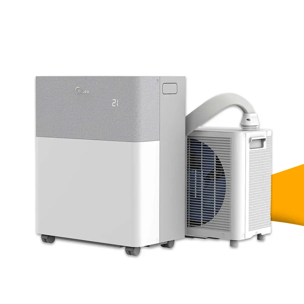 Midea PortaSplit mobiele airco, draagbare split-airconditioner voor snel koelen en comfort in huis, mobiele airco kopen bij solago.nl, op witte achtergrond met oranje podium