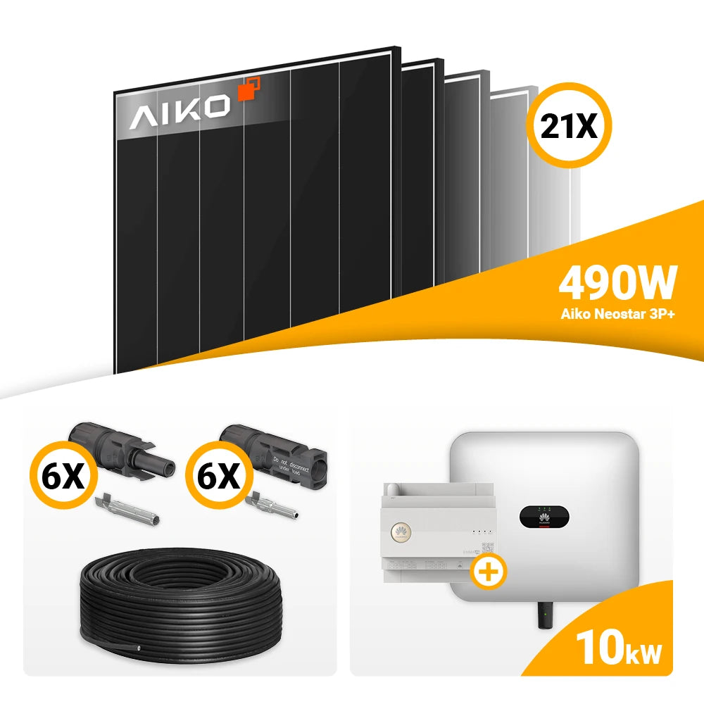 Zonnepanelen set 10 kWp 21x AIKO 490W Black Frame + Huawei SUN2000 10KTL M1 kopen bij solago.nl