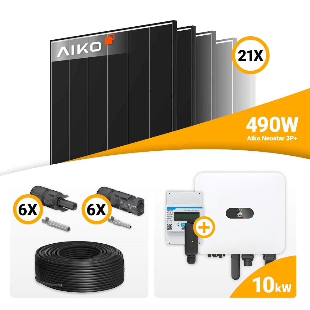 PV compleetset 10 kWp 21x AIKO 490W Black Frame + Huawei MAP0 met opslagoptie kopen bij solago.nl