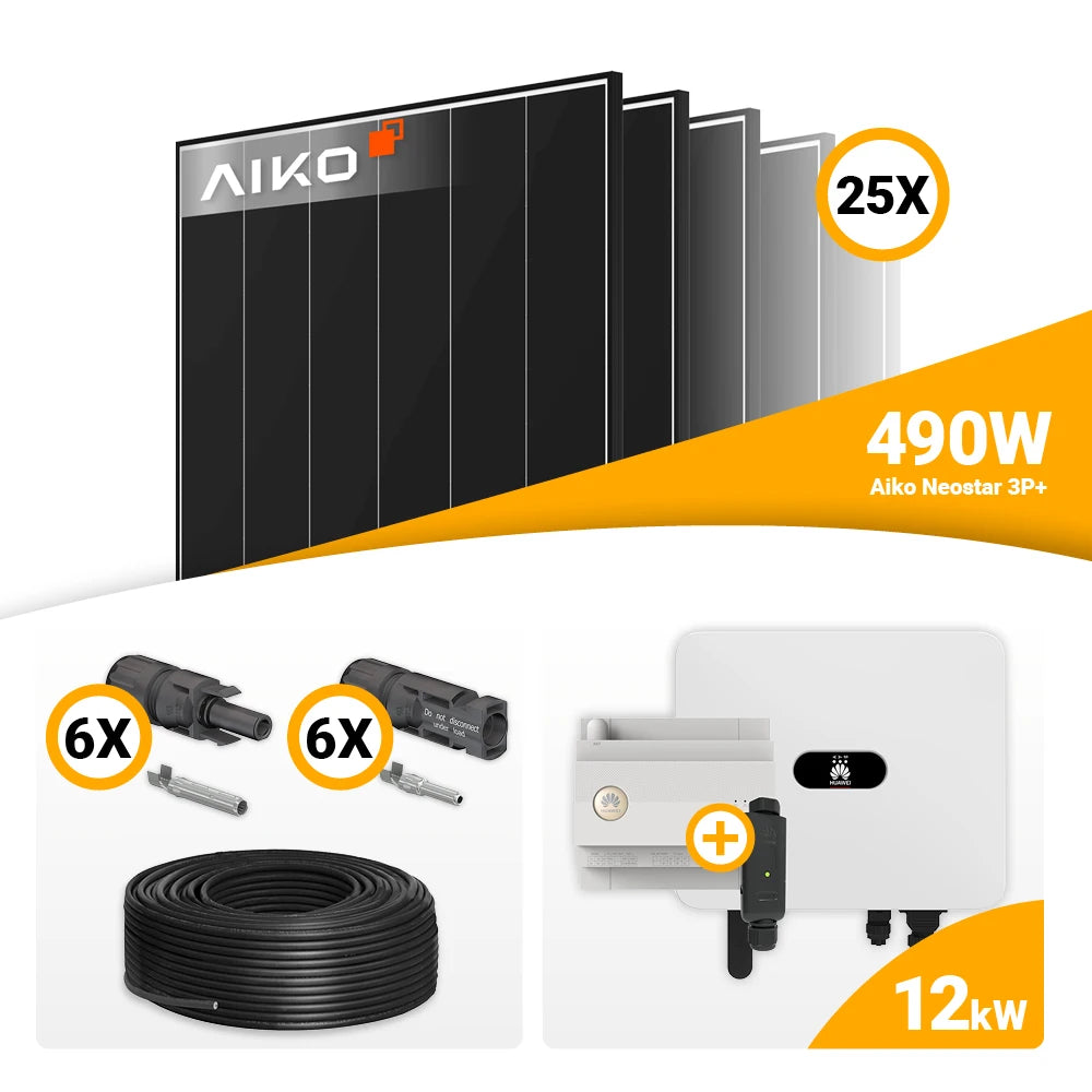 Zonnepanelen set 12 kWp 25x AIKO 490W Black Frame + Huawei SUN2000 12K MB0 kopen bij solago.nl