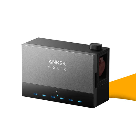 Anker SOLIX Power Dock kopen bij solago.nl, energieopslag en power hub op witte achtergrond met oranje podium productfoto
