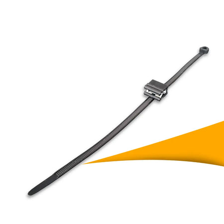 Kabelbinder met clip 200 mm (100 stuks) voor PV-bekabeling, nette kabelgeleiding bij zonnepaneleninstallaties, kabelbinders kopen bij solago.nl, op witte achtergrond met oranje podium