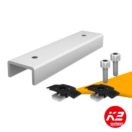 K2 Dome FlatConnector set 1006039 kopen bij solago.nl, verbindingsset voor montagesysteem op witte achtergrond met oranje podium productfoto