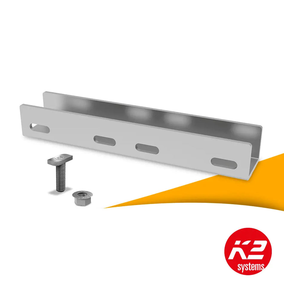 K2 SingleRail 36 railverbinder set 2001976 kopen bij solago.nl, montagesysteem voor zonnepanelen op witte achtergrond met oranje podium