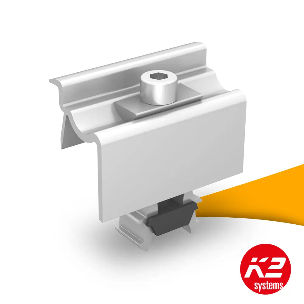 K2 OneEnd universele eindklem 30–42 mm 2002514 kopen bij solago.nl, eindklem voor montagerails op witte achtergrond met oranje podium productfoto