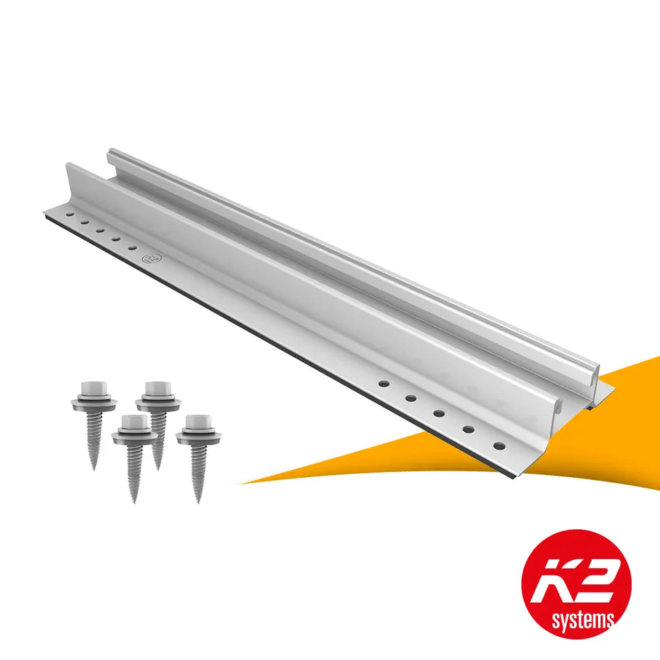 K2 MiniRail MK2 set kopen bij solago.nl, compact montagesysteem voor zonnepanelen op witte achtergrond met oranje podium productfoto