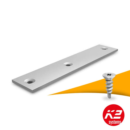 K2 BasicRail schienenverbinder set kopen bij solago.nl, verbindingsonderdeel voor montagesysteem zonnepanelen op witte achtergrond met oranje podium productfoto