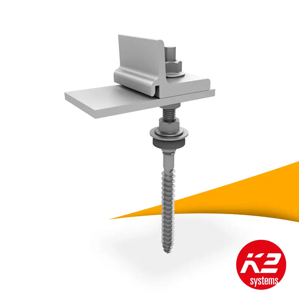 K2 SingleRail stokschroef kopen bij solago.nl, bevestiging voor montagerails en zonnepanelen op witte achtergrond met oranje podium productfoto