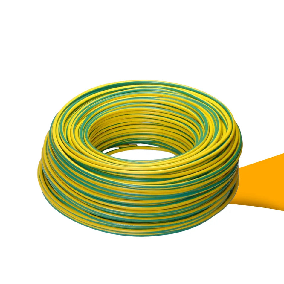 H07V-K 16mm² aardingskabel kopen op solago.nl. Groen/gele draad op witte en oranje podium achtergrond.