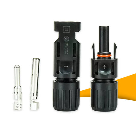 MC4 connector set 6 paar kopen bij solago.nl – MC4 stekkers op witte achtergrond met oranje podium