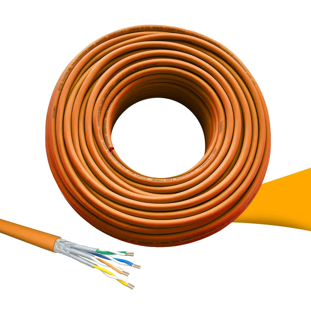 CAT 7 LAN kabel kopen op solago.nl. Afbeelding van de hoogwaardige netwerkkabel op witte en oranje achtergrond.