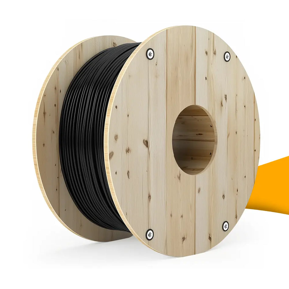 Zwarte H1Z2Z2-K solarkabel 6mm² 500 m kopen bij solago.nl – rol kabel op witte achtergrond met oranje podium