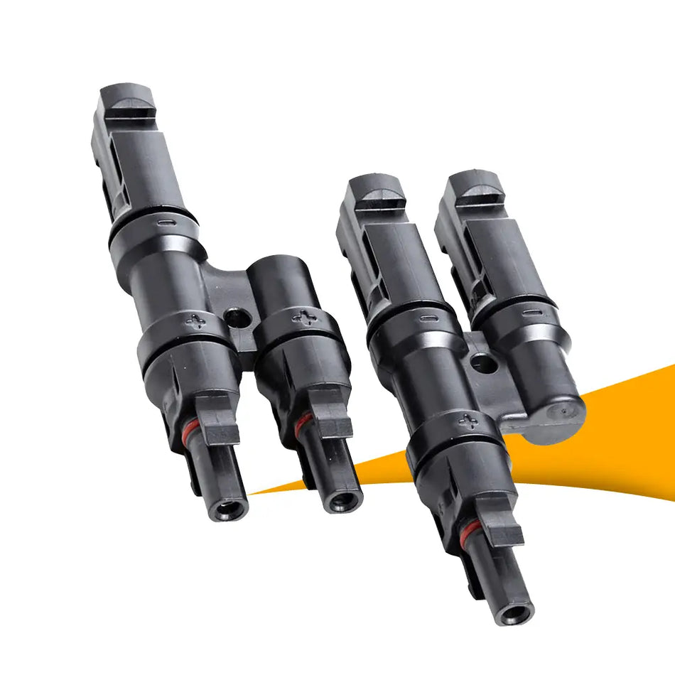 Y stekker MC4 verbindingsset kopen bij solago.nl – MC4 koppeling op witte achtergrond met oranje podium