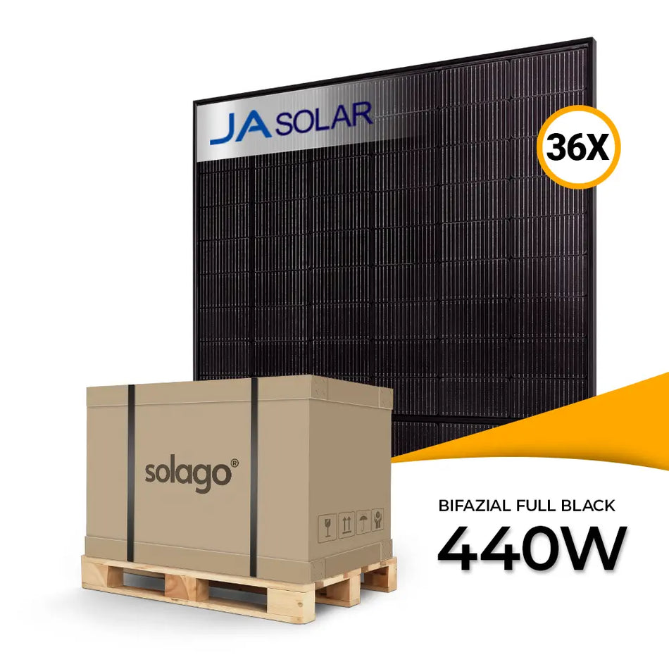 JA Solar 440W bifaciaal glas-glas full black JAM54D41 pallet 36 stuks kopen bij solago.nl, wit met oranje podium