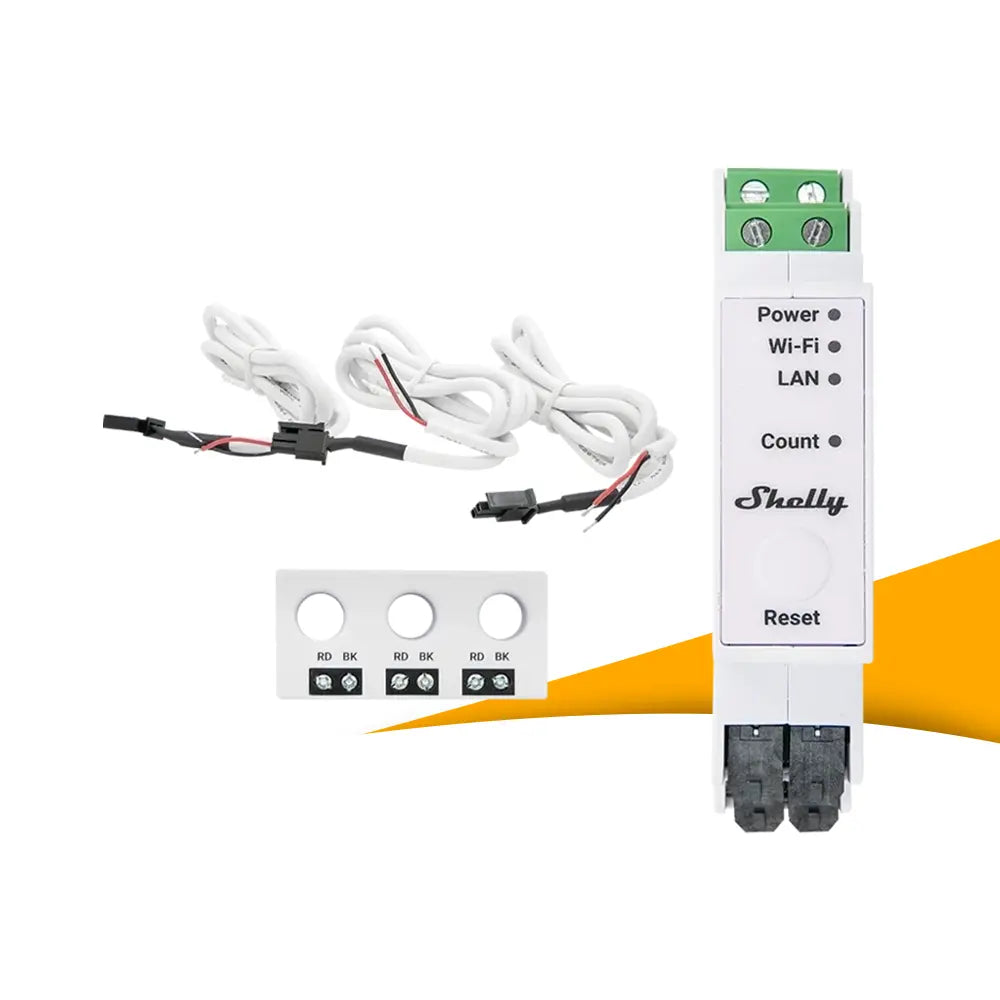 Shelly Pro 3EM-3CT63 slimme energiemeter kopen bij solago.nl – 1- & 3-fase meter op wit met oranje podium