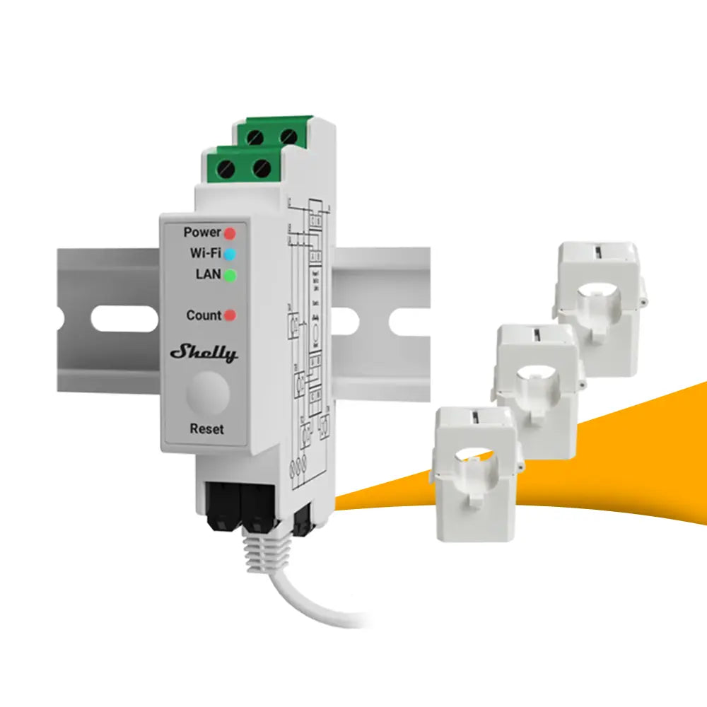 Shelly Pro 3EM 120A energiemeter voor PV kopen bij solago.nl, energiemeter op witte achtergrond met oranje podium
