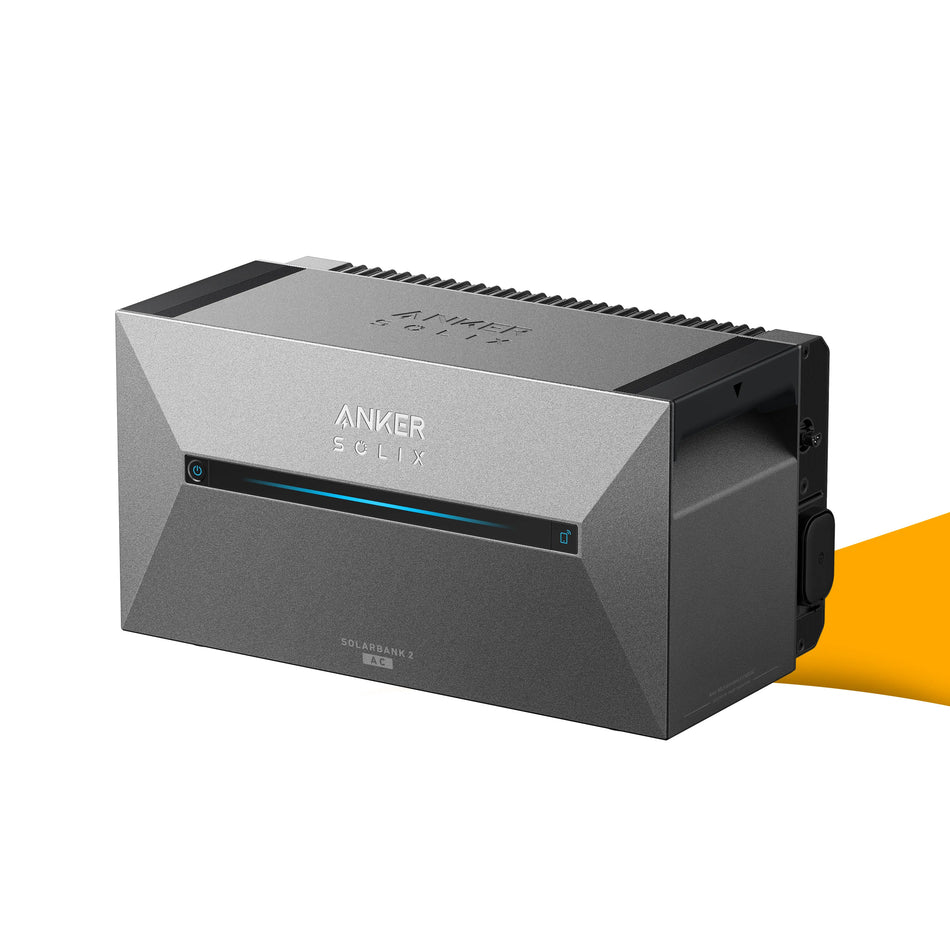 Anker SOLIX Solarbank 2 AC thuisbatterij voor zonnepanelen, slimme energieopslag voor meer zelfverbruik en efficiënte opslag, kopen bij solago.nl, op witte achtergrond met oranje podium