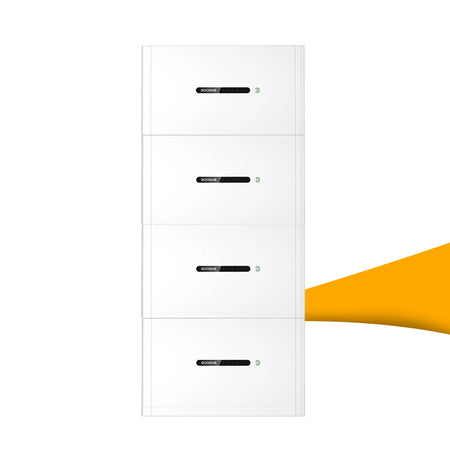 GoodWe Lynx D thuisaccu 20 kWh voor zonnepanelen, grote opslagcapaciteit voor meer zelfverbruik, kopen bij solago.nl, op witte achtergrond met oranje podium