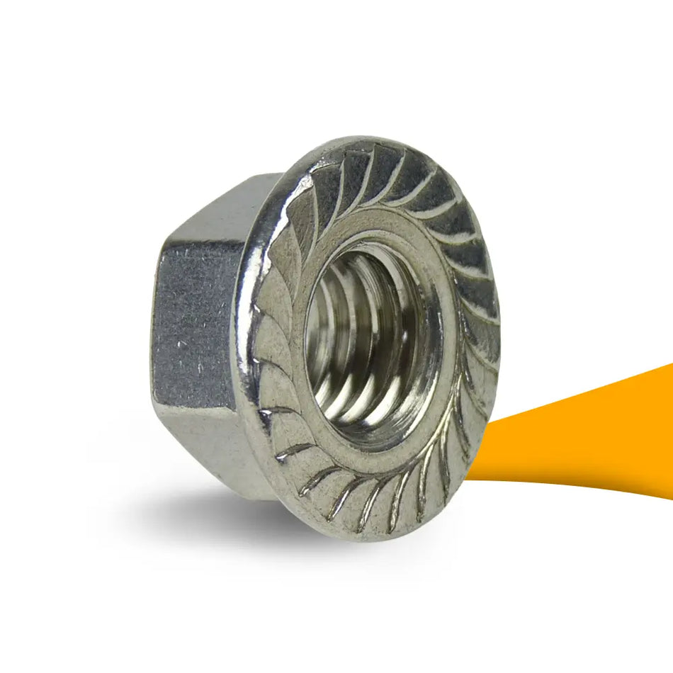 Sperrzahnmutter DIN 6923 M10 kopen bij solago.nl, zelfborgende flensmoer op witte achtergrond met oranje podium