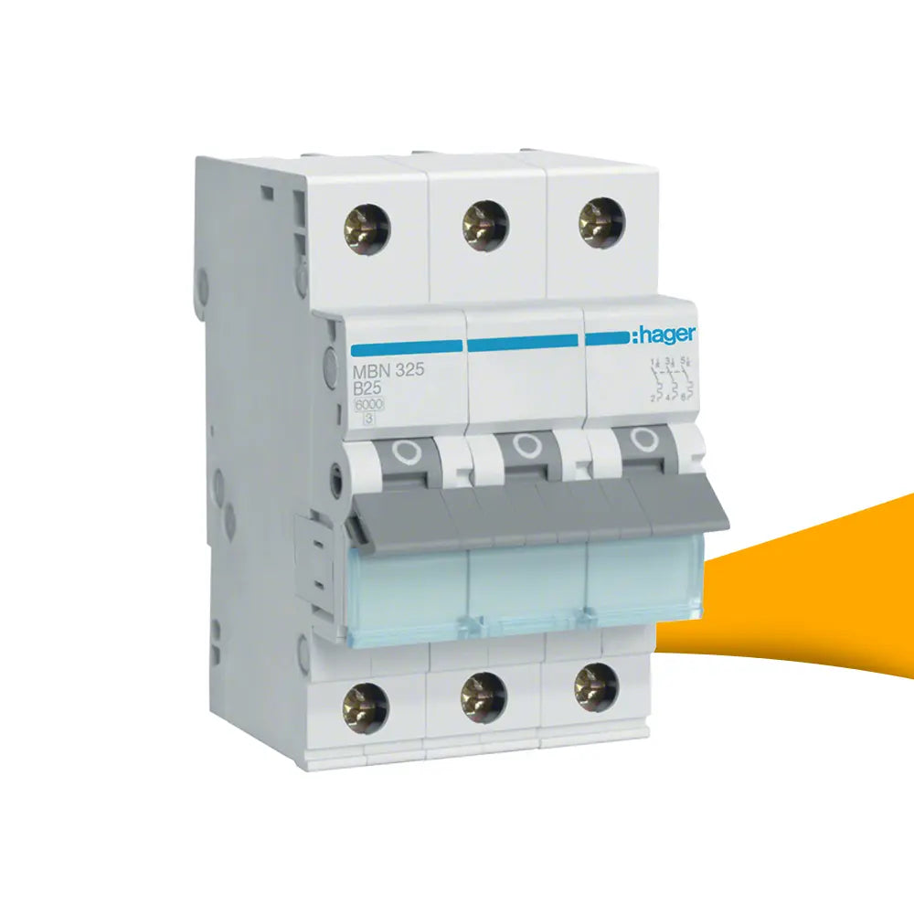 Hager MBN325 installatieautomaat 25A 6kA B-karakteristiek kopen bij solago.nl – 3-polige automaat op wit met oranje podium