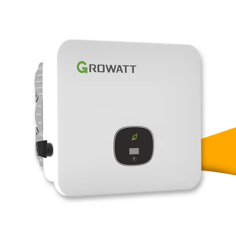Growatt MOD 12KTL3-HU omvormer voor zonnepanelen, efficiënte PV-omvormer met hoog rendement voor stabiele energieopwek, omvormer kopen bij solago.nl, op witte achtergrond met oranje podium