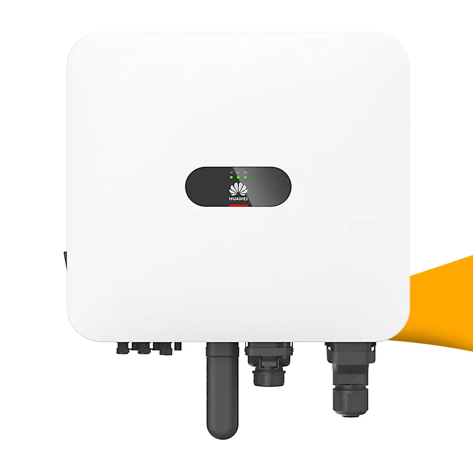 Huawei SUN2000-MAP0 serie hybride omvormer voor zonnepanelen, geschikt voor thuisbatterij en slim energiebeheer met meer zelfverbruik, kopen bij solago.nl, op witte achtergrond met oranje podium