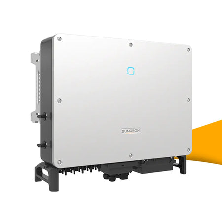 Sungrow SG50CX-P2 V12 stringomvormer voor zonnepanelen, krachtige omvormer voor commerciële PV-installaties met hoog rendement, bestellen bij solago.nl, op witte achtergrond met oranje podium