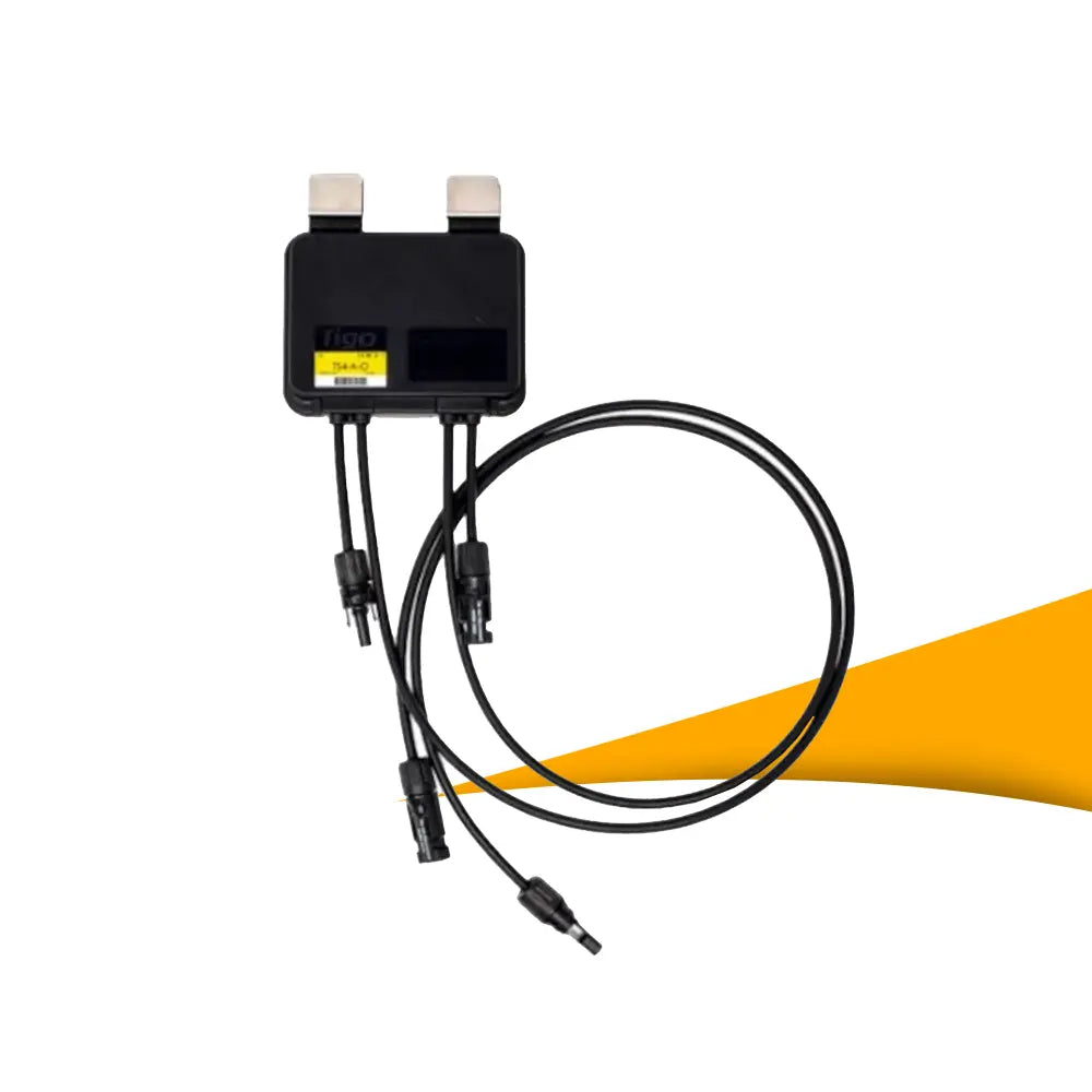 Tigo TS4-A-O optimizer 700W 15A voor zonnepanelen, module-level power optimizer voor hoger rendement en schaduwmanagement, Tigo optimizer kopen bij solago.nl, op witte achtergrond met oranje podium